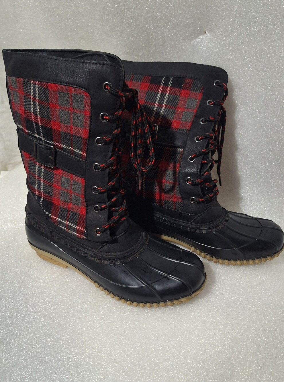 Women's Black and Red Plaid Winter Lace-Up Boots